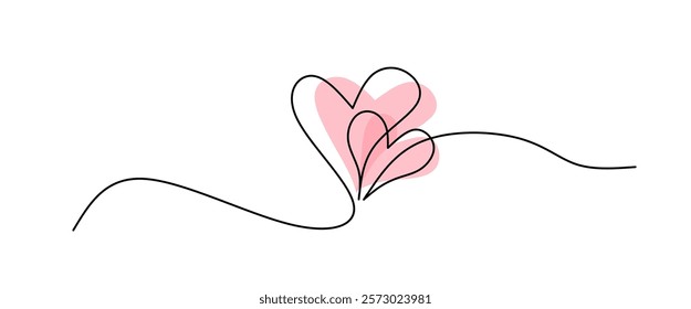 Two Hearts Continuous One Line Drawing. Hearts Couple Trendy Minimalist Illustration. Love Minimalist Contour Art. Vector illustration