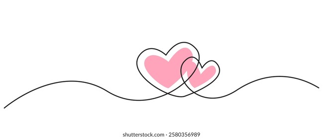 Two hearts continuous one line drawing. Valentines day concept. Heart couple line doodle style. Love Minimalist. Vector illustration