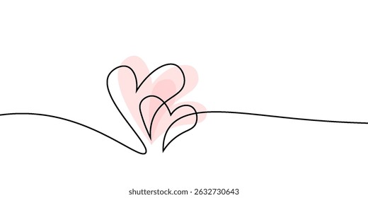 Two Hearts Continuous One Line Drawing. Valentines day concept. Hearts Couple Trendy Minimalist Illustration. Love Minimalist Contour Art.
