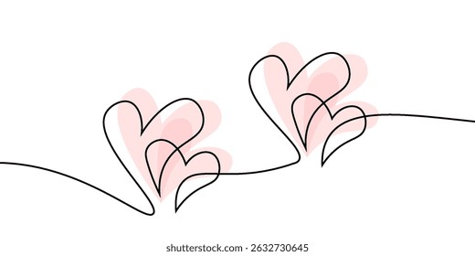 Two Hearts Continuous One Line Drawing. Valentines day concept. Hearts Couple Trendy Minimalist Illustration. Love Minimalist Contour Art.