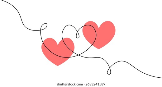 Two Hearts Continuous One Line Drawing. Valentines day concept. Hearts Couple Trendy Minimalist Illustration. Love Minimalist Contour Art.