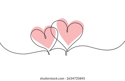 Two hearts continuous one line vector drawing. Hand drawn sketch on a white background