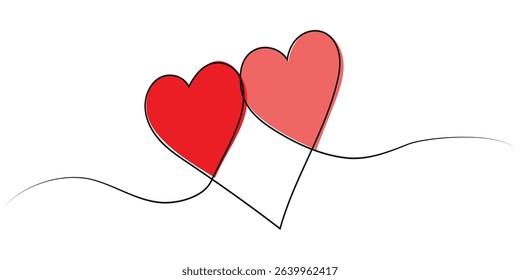 Two hearts, continuous one line drawing. Valentine's Day concept. Hearts pair trendy minimalist illustration. Minimalist outline art. Vector.
