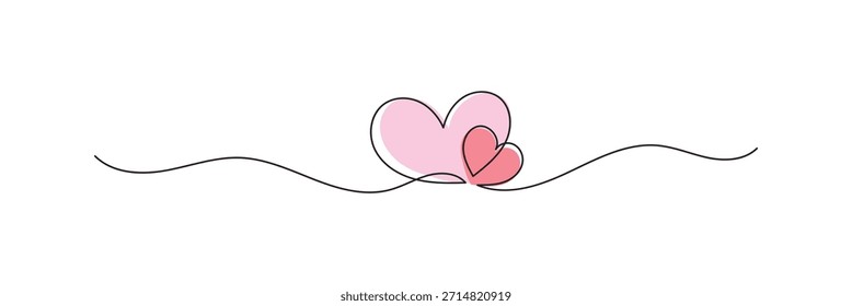 Dois Corações Contínuos Um Desenho De Linha. Conceito do Dia dos Namorados. Copas Casal Moda Ilustração Minimalista. Amor Minimalista Contorno vetor mão desenhar esboço, 2 forma de amor, uma linha, isolado no branco