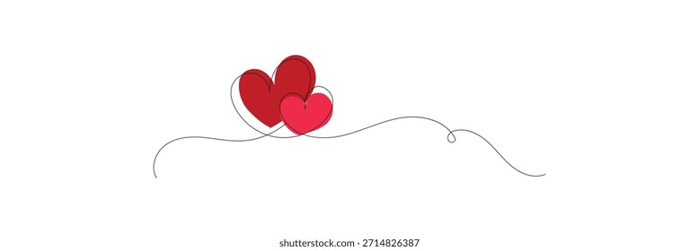 Two hearts, continuous one line drawing. Valentine's Day concept. Hearts pair trendy minimalist illustration. Red colors. Minimalist outline art. Vector