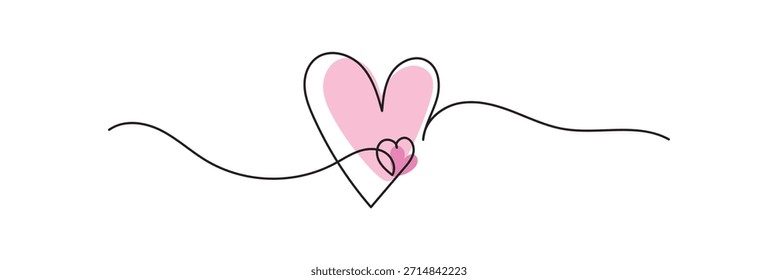 Two Hearts Continuous One Line Drawing. Heart Love Flourish Icon for Valentine and Wedding Invitation. Love Heart Decorative Flourish Icon for Logo and Invitation