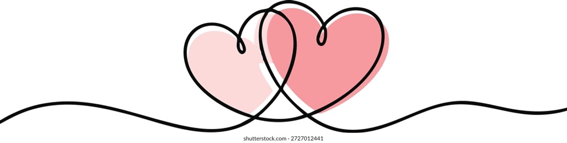 Dibujo de una línea continua de dos corazones. Concepto del día de San Valentín. Ilustración minimalista de moda de la pareja de corazones. Esbozo minimalista del dibujo de la mano del Vector del contorno del amor, forma del amor 2, una línea, aislada en blanco