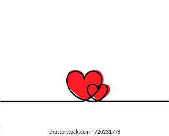 Two hearts. Continuous one line drawing of red hearts on white background. Thin line of love icon. EPS10 vector illustration.
