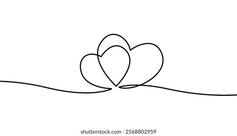 Two Hearts Couple One Line Art Drawing. Valentine`s Day Concept Minimalist Linear Sketch Drawing. Love Symbol Abstract Outline Vector Illustration.	