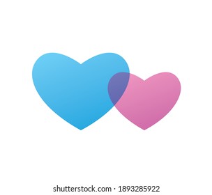 Two hearts couple together isolated vector icon modern flat design, pink and blue. Wedding, engagement or Valentines day eternal love symbol.