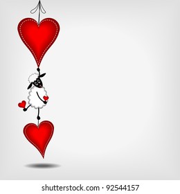 two hearts and cute lamb, two hanging red hearts with white stitches and cute lamb - vector illustration