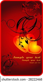 Two hearts and decorative twigs. Card. Vector
