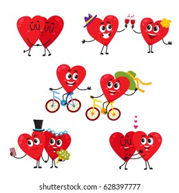 Two hearts doing funny activities together, couple in love concept, cartoon vector illustration set on white background. Funny couple of hearts spending time together, celebrating, hugging, kissing