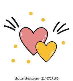 Two hearts in Doodle style. Cold pink and yellow hearts on a white background. Doodle design in cartoon flat style. Vector background.