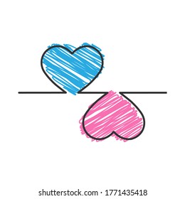 Two hearts in a Doodle style. Contour vector illustration isolated on a white background