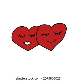 Two hearts. Doodle style. Red hearts and notes, music. Cute hand-drawn red hearts isolated on a white background. Pendant with a black outline for Valentine's Day, February 14