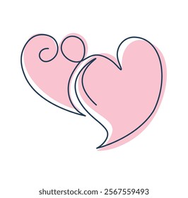 Two hearts drawing with one continuous line. Couple hearts in single line minimalist style. Valentine's Day concept. Love and care. Vector in line art style. Outline drawing.