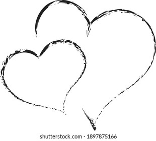 Dos corazones son dibujados con contorno negro, icono romántico para el Día de San Valentín. Símbolo de amor en estilo doodle, vector para el diseño web.
