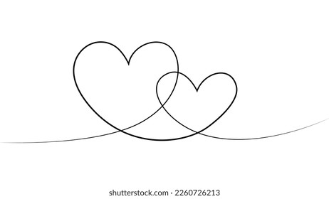 Two hearts are drawn with line. Continuous one line drawing of two hearts on white background. Hearts as a symbol of love