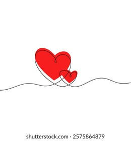 Two hearts are drawn in one continuous line. Modern minimalist romantic background with space for text. Festive background for banners, postcards, greetings. Illustration of a pair of hearts, flat 