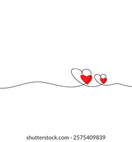 Two hearts drawn in one endless line with red hearts in the background on a white background, vector. Romantic holiday background with a place for text for postcards, valentines, greetings