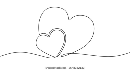 Two hearts drawn simply in continuous one line, expressing love and togetherness.