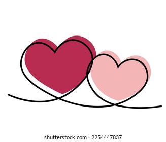 Two hearts drawn together with one line in color