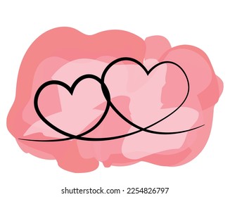 Two hearts drawn together with one line in watercolor