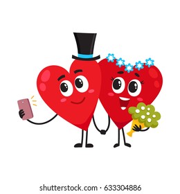Two hearts dressed as bride and groom, holding hands, making selfie, couple in love, wedding concept, cartoon vector illustration on white background. Cute, funny couple of hearts having wedding