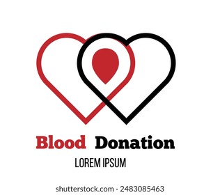 Dos Corazones y la Gota de Sangre Donación Icono Plantilla. La medicina sanitaria y el cuidado del concepto de salud de las personas