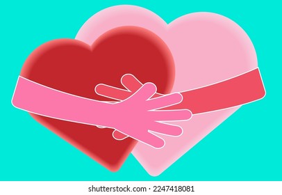 Two hearts in each other's arms. Symbol of sending, transmission, forwarding, passing with love from one person to another. Vector illustration of love symbol. Suitable for Valentine's Day Mother' Day