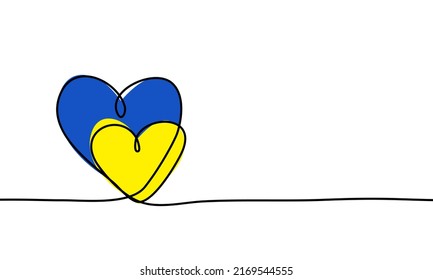 Two hearts embracing each other continuous one line drawing in Ukraine flag colors in supporting Ukraine concept isolated on white background for banner, postcard, poster etc.