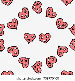 Two hearts with faces. Happy kissing and smiling heart. Hand drawn vector illustration. Seamless background pattern