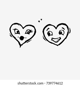 Two hearts with faces. Happy kissing and smiling heart. Hand drawn vector illustration. Black and white