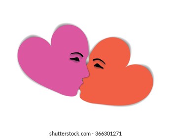 Two hearts with faces are kissing while gazing into each others eyes

