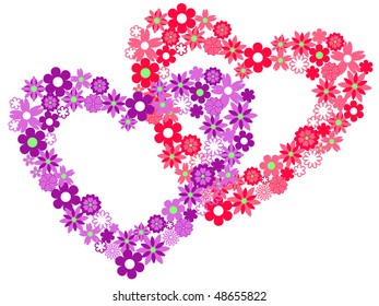 two hearts filled with flowers on white background