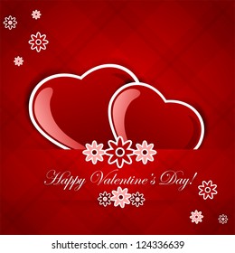 Two hearts and flowers on a red background, illustration.