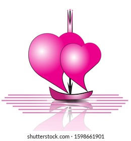 Two hearts in the form of red sails. Valentines card. Element for  create romantic design children's things, wrapping paper, wallpaper, greeting cards and invitations of the wedding, Valentines Day