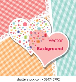 Two hearts with gifts inside presents on striped background