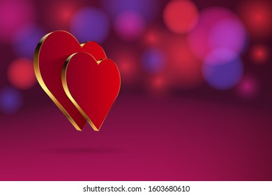 Two hearts with a gold border on a red background. Composition for the holiday of Valentine's Day.