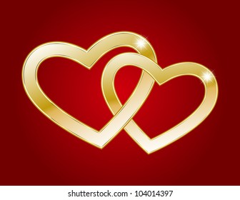 Two hearts of gold on a red background