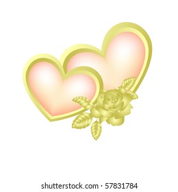 Two hearts in the golden frame with a rose.