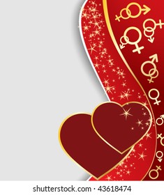 Two hearts with golden stars and symbols, Valentine's Day vector card.