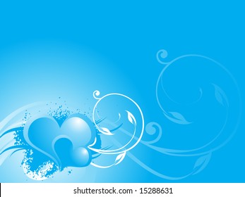 two hearts and grunge elements on blue floral background, wallpaper