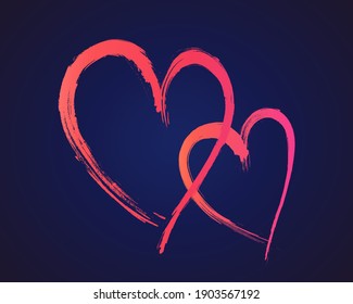 Two hearts hand drawn brush stroke on dark background. Romantic hearts. Vector illustration. EPS 10