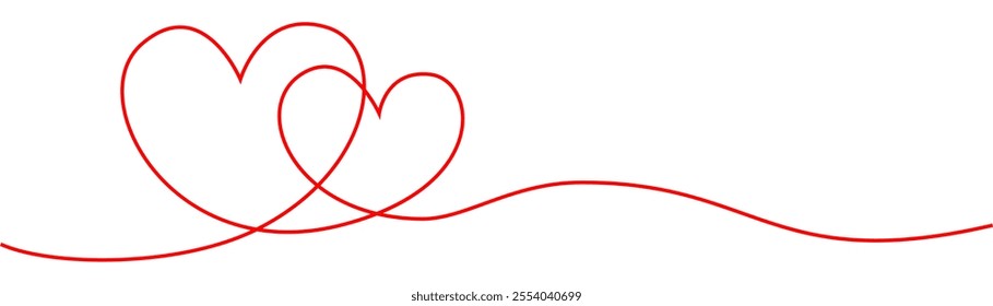 Two hearts hand drawn line, red, isolated on white background. Vector illustration. For Valentine's Day border or frame design