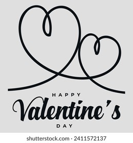 Two hearts are hand drawn with one line. Happy Valentine's Day.  Vector on a gray background