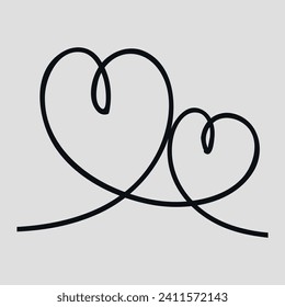 Two hearts are hand drawn with one line. Vector on a gray background