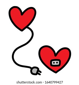 Two hearts hand drawn vector illustration in cartoon comic style electric plug and socket charging