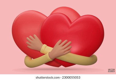 Two hearts with Hand embracing. Cartoon hearts embrace minimalism design. Hands hugging two hearts with love, romance, friendship. Valentine's day, Love yourself. 3D vector illustration.
